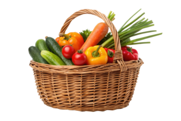 PNG Woven basket of fresh vegetables including carrots, bell peppers, cucumbers, and scallions
