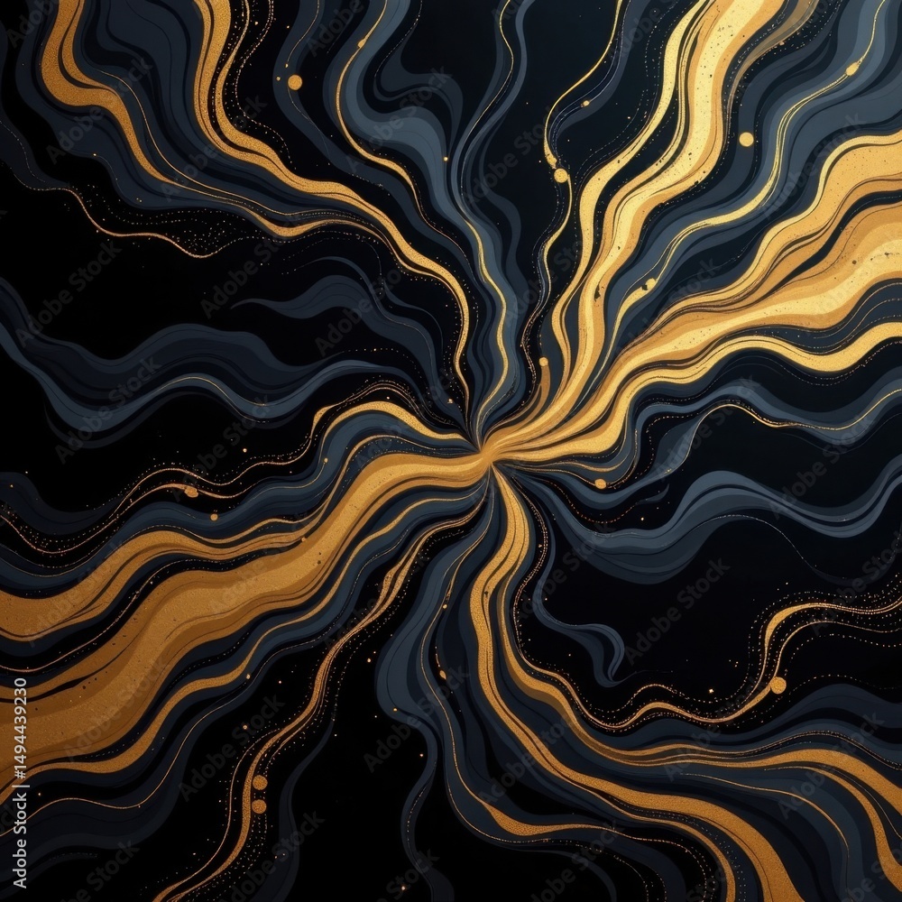 Poster abstract swirling golden and black lines pattern with dynamic flowing shapes and intricate details c