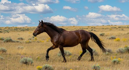 Wild Mustang Galloping Across the Golden Prairie Under a Blue Sky