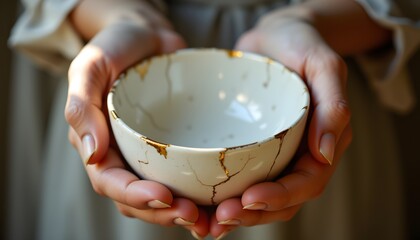 A pair of delicately veined female hands cradle a white porcelain bowl. The bowl, aged and bearing the marks of time, is mended with the kintsugi technique