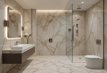 Modern Luxury Bathroom with Marble Surfaces and Floating Vanity
