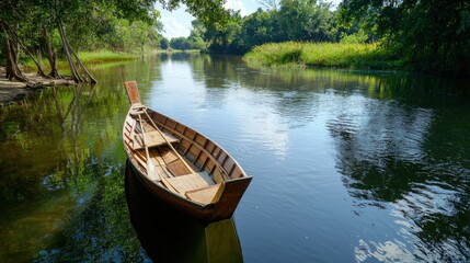 Obraz premium An empty wooden rowboat with oars sits peacefully on a calm river surrounded by lush green trees on a bright sunny day creating a tranquil scene of nature.