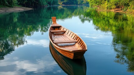 Obraz premium A serene wooden boat gently floats on a calm river surrounded by lush green trees casting reflections on the tranquil water creating a peaceful natural scene.