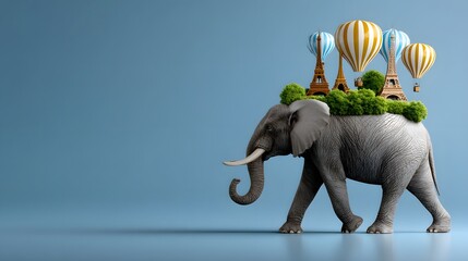 An adorable elephant wearing colorful balloons on its head embarking on a fun adventure