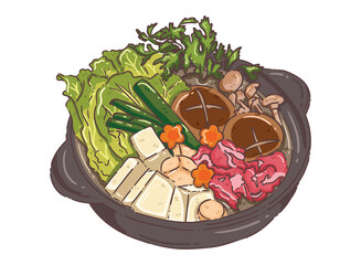 sukiyaki hotpot on a white background