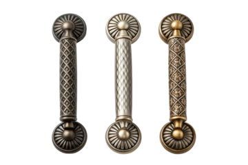 PNG Ornate decorative door handles in bronze, silver, and gold finishes on black background