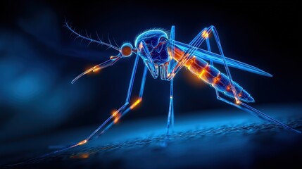 A glowing, neon mosquito is shown in close-up detail against a dark background, highlighting its legs, wings, and body with vivid blue and orange light.