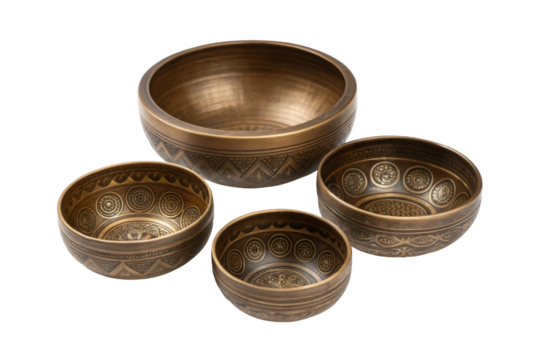 PNG Ornate bronze bowls set with tribal patterns