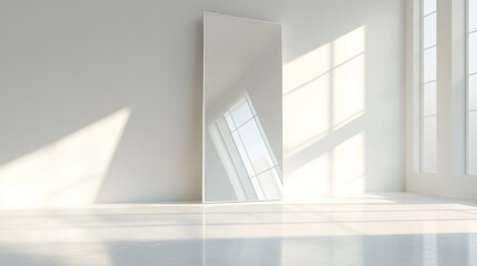 Fototapeta premium Sunlight Illuminates Minimalist Room with Large Mirror
