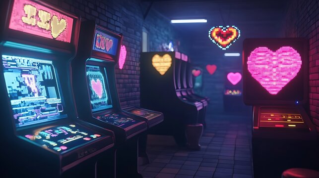Retro arcade theme with pixel hearts and neon glow