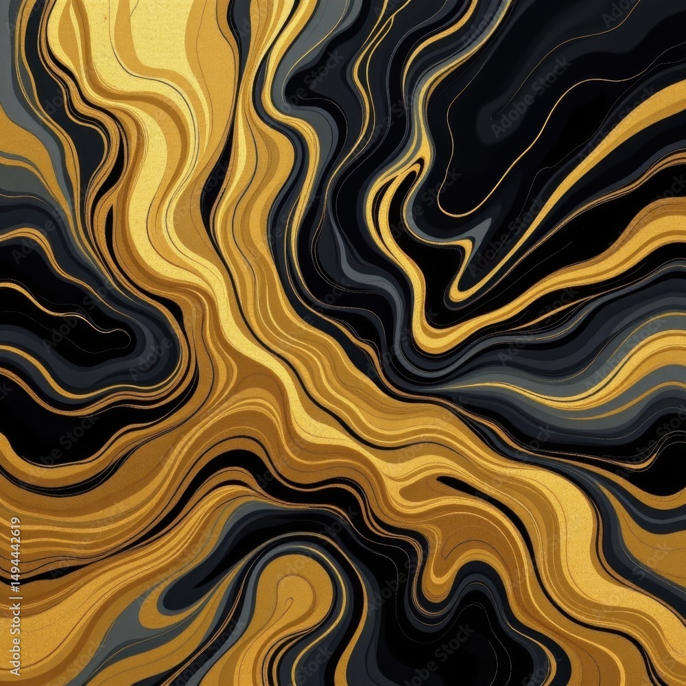 Poster abstract flowing black and gold swirling marble pattern background with dynamic organic lines and sm