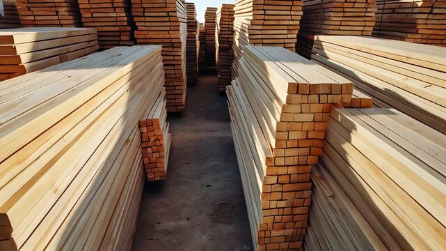Stacked wooden planks in large lumber yard under daylight with rows of timber neatly arranged on concrete ground