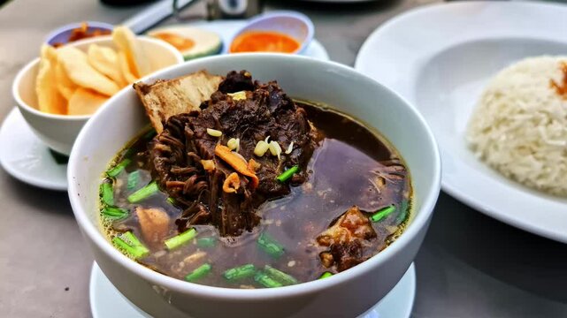 Closeup shot of Rawon soup served with bowl full of rice in Bali, Indonesia.