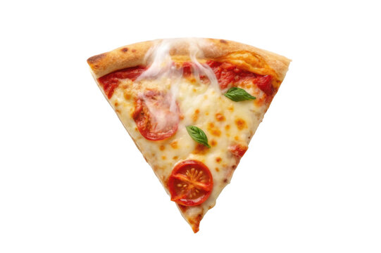 PNG Steaming slice of margherita pizza with cheese, tomato, and basil