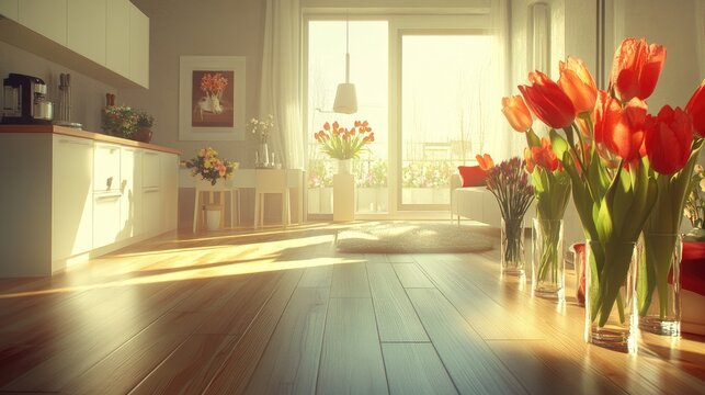 Bright, sunlit interior kitchen with tulips.