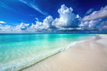 Fototapeta premium Minimalist Caribbean Beach: Sandy Shores, Turquoise Waters, Tropical Paradise, Calm Sea, Sunset Beach, Ocean View, Summer Vacation, Caribbean Sea Photography