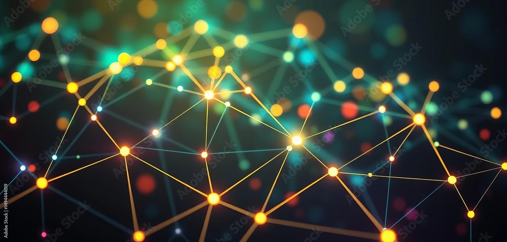 Poster abstract network nodes forming a website menu bar, glowing lines and geometric shapes, clean, vector