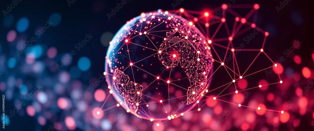 Poster abstract network nodes and lines forming a globe, symbolizing big data analysis and online trend man