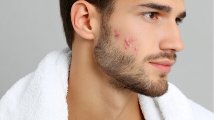 Portrait of a young man with acne and a towel around his neck, showcasing skin care challenges and the impact of facial blemishes on confidence