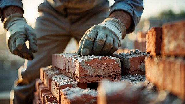 Construction worker in gloves laying red bricks with mortar on site under sunlight with dust and tools around