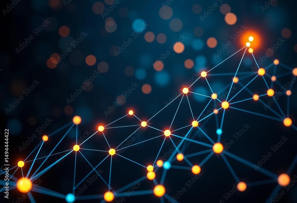 Poster abstract network of interconnected glowing nodes forming a rising graph symbolizing funding growth, 