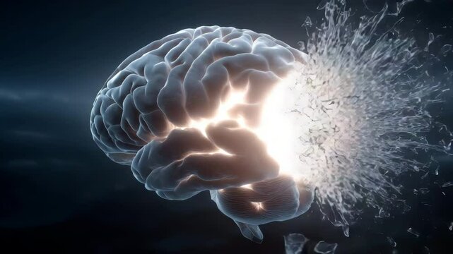 Human brain explosion in space with broken glass and a light burst