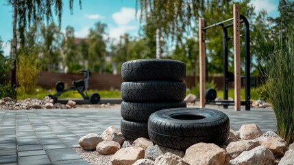Stack of car tires surrounded by rocks in an outdoor gym, enhancing the fitness space with a rustic and industrial aesthetic in a backyard setting today.