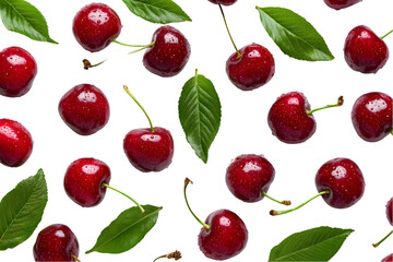 Cherries and leaves on dark backdrop