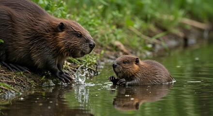 North American Beaver Family by the Water
