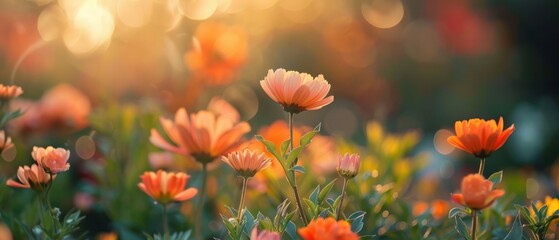 Colors flowers foreground blurred backgrounds bokeh effect include orange yellow tones cloudscape sunlight morning close up abstract modern nature morning.