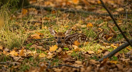Adorable Fawn Hiding Amongst Autumn Leaves