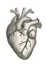 A heart is drawn in black and white with a lot of detail. The heart is the central focus of the image, and it is the most important part of the drawing. The heart is surrounded by veins and arterie