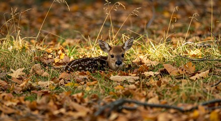 A Fawn Hidden Amongst Autumn Leaves