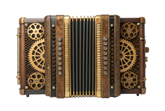 PNG Steampunk accordion with brass gears and intricate details