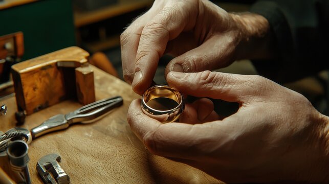 A skilled goldsmith meticulously inspects a newly crafted wedding , showcasing the fine detail and precision of his work at his cluttered workbench area. - Powered by Adobe