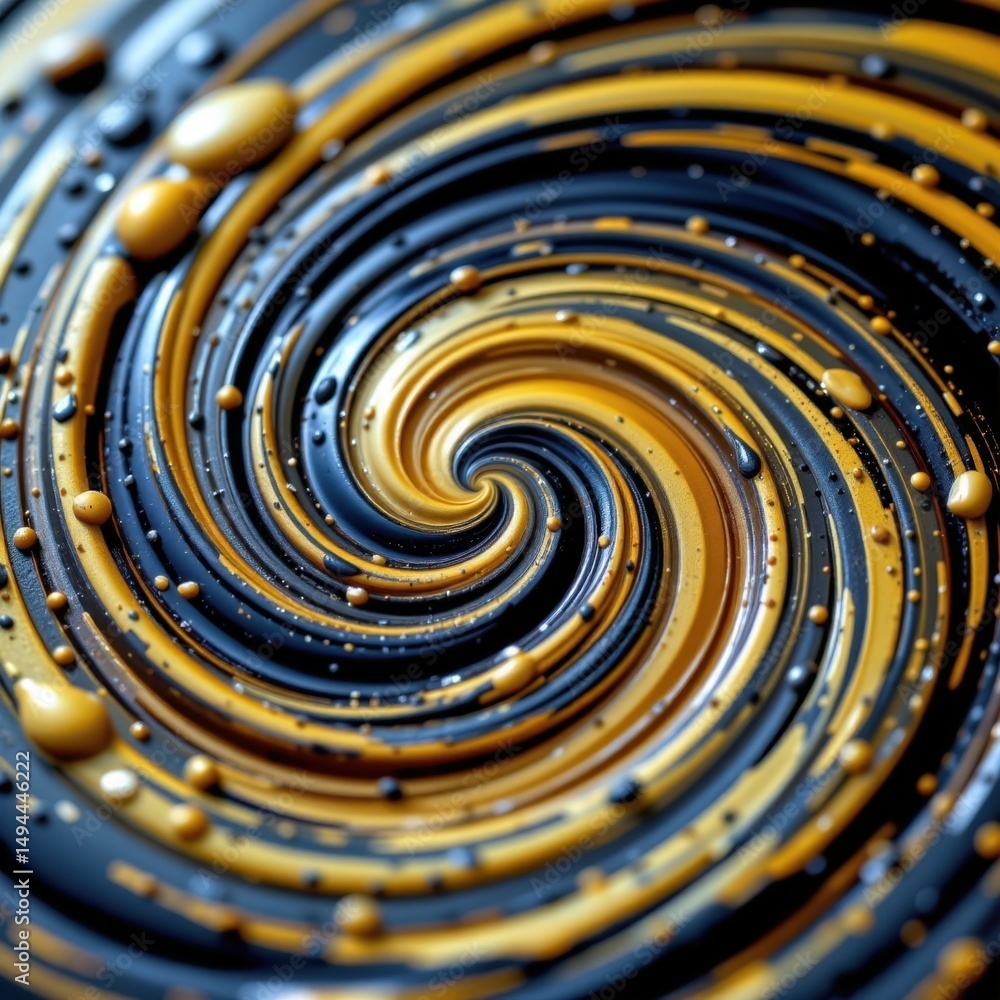 Poster abstract spiral pattern featu swirling black and gold colors with textured details and liquid-like d