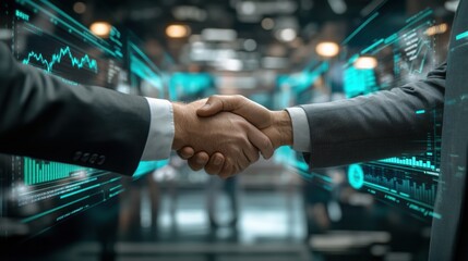 Closing a deal handshake amidst the digital frontier a modern business agreement is complete in a