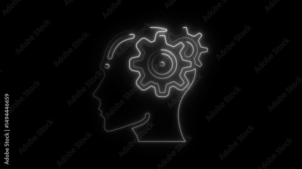 Poster Brain gears animated concept representing intelligence thought and problem solving against a black background.