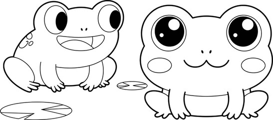 Two adorable cartoon frogs sitting on lily pads coloring page