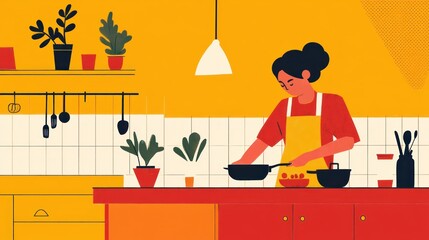 A Woman Cooking in a Vibrant Yellow Kitchen