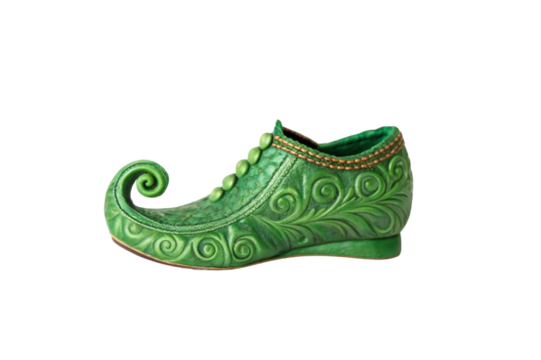 PNG Green leather fantasy shoe with intricate swirl design and curled toe