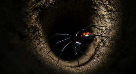 Black Widow Spider Emerging from Burrow