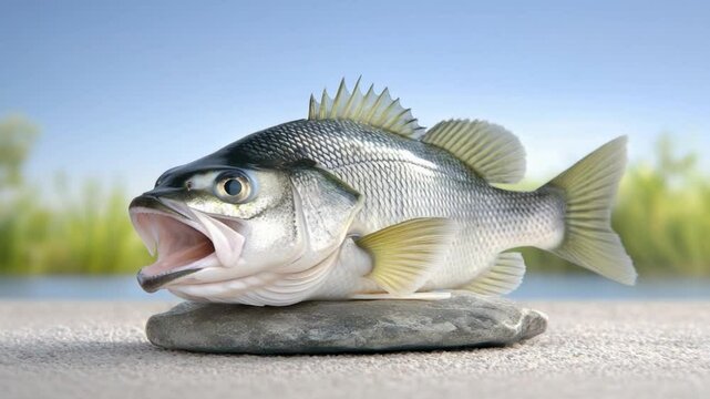 Lively Freshwater Bass Fish with Open Mouth Displaying Sharp Teeth on a Smooth Stone by a Scenic Lake Background