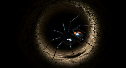 Black Widow Spider Emerging from Burrow: A Nighttime Encounter