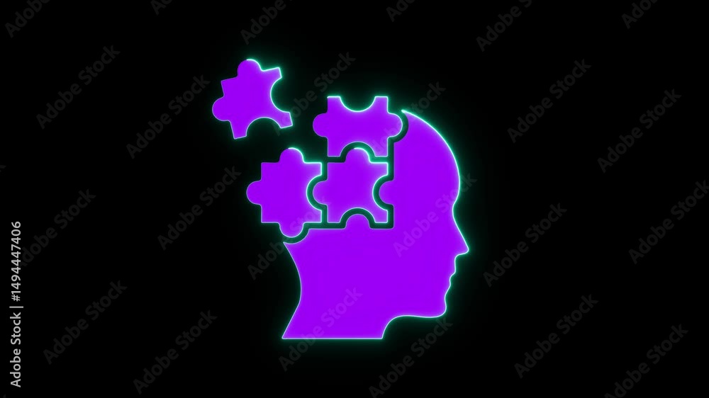 Poster brain puzzle concept with neon style elements depicting intelligence problem solving and mental heal
