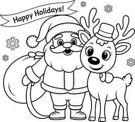 Happy holidays santa claus reindeer coloring page festive winter fun
