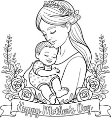 Happy mothers day coloring page mom baby floral wreath