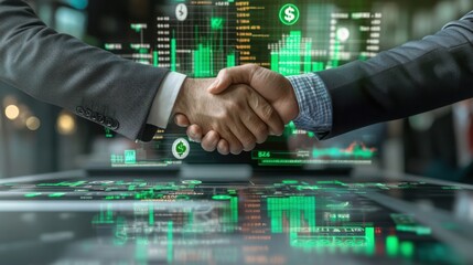Closing a profitable deal a handshake sealing partnership with bright futuristic digital overlay and