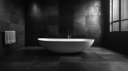 Modern Dark Bathroom Freestanding Tub  Black Tiles  Minimalist Design