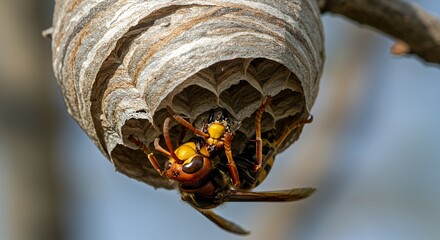 Macro Photography of Asian Giant Hornet Emerging from Nest